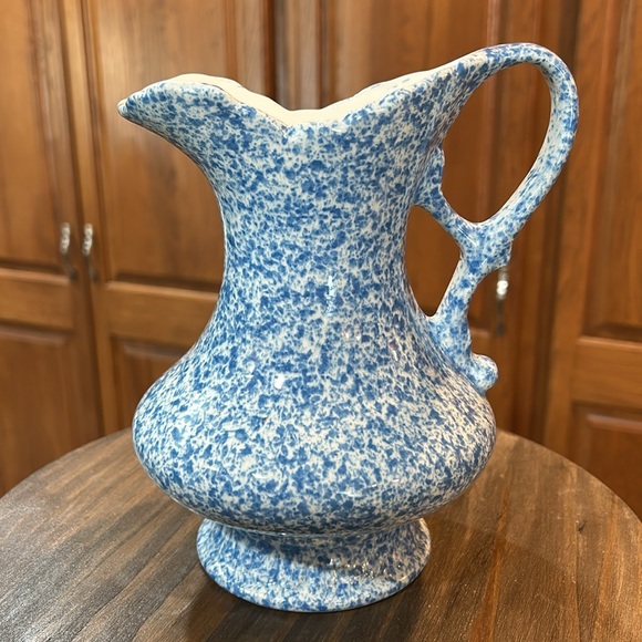Vintage 8” Pitcher/Vase & 11” Bowl Set White w/Blue Speckle Decor - Picture 2 of 11